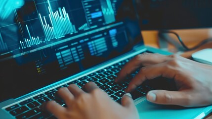 Hands typing on a laptop with big data processing software, close-up, dynamic data visualization on screen. 
