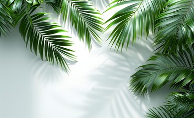緑のヤシの葉の影がある壁、白い背景