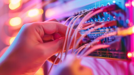Hands adjusting wires in a telecom network patch panel, close-up, vibrant wire colors, precise focus.