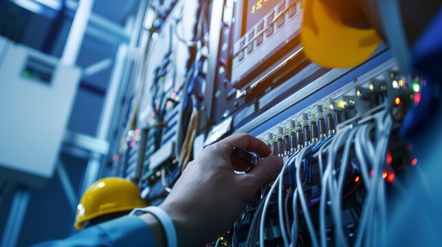 Close-up of a telecommunications engineer programming a cellular tower relay, focused intensity, clear details. -