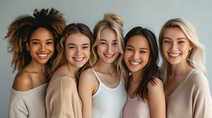 Obraz premium Four young women of different ethnicities stand shoulder-to-shoulder, smiling brightly at the camera. They are all wearing casual clothing and their smiles suggest a strong bond of friendship
