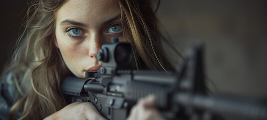A woman with long blonde hair stares intently through the scope of a rifle, her blue eyes focused on an unseen target