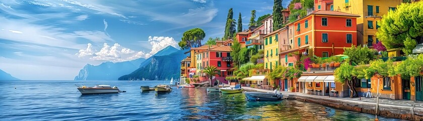 Obraz premium Picturesque coastal village with colorful houses, serene ocean view, cobblestone streets, boats in the harbor, charming and inviting travel destination