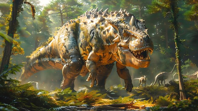 adult Panoplosaurus defending itself from a predator in a dense forest with other dinosaurs nearby