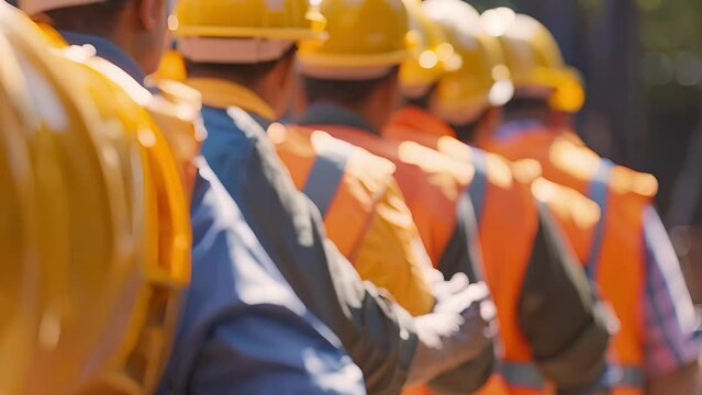 A group of workers patting each others shoulders as they pass by signaling that theyve all passed the safety gear check.