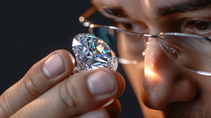 Close up of round cut diamond in hand of diamond dealer evaluating gem stone