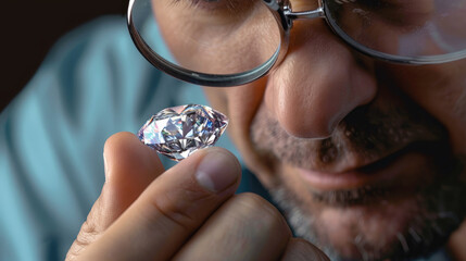 Close up of round cut diamond in hand of diamond dealer evaluating gem stone