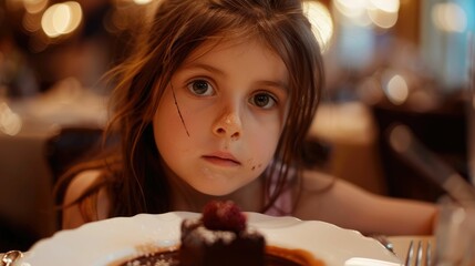 A young girl is enjoying a slice of chocolate cake using a fork. She is savoring the delicious dessert at an event, her bangs brushing against her eyelashes AIG50