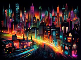 Obraz premium Abstract colorful neon light cityscape at night background landscape, graphic illustration image generative ai