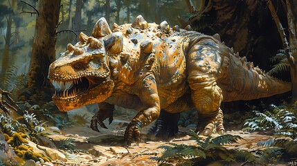 Ankylosaurus defending itself from a predator in a dense forest