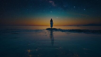 A woman standing on the beach during sunset with a dark sky and a hint of orange, filled with stars. seamless looping overlay 4k virtual video animation - Powered by Adobe