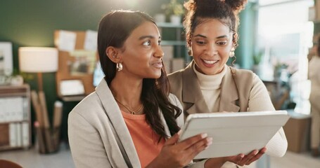 Teamwork, women and happy in office with tablet for online schedule, shipping and delivery for dropshipping. Entrepreneur, smile and explain or discussion as partner with ecommerce at small business
