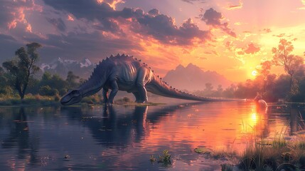 Apatosaurus peacefully drinking water from a lake with a sunset reflecting on the water's surface...