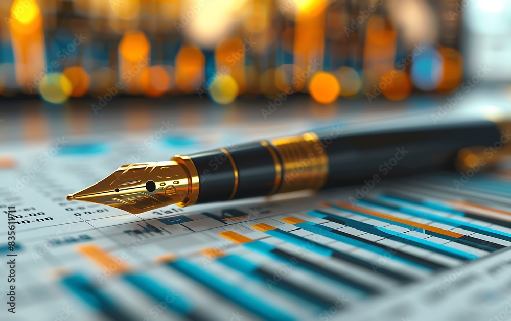 Poster pen on colorful charts and graphs in a modern workspace, symbolizing detailed market analysis and th