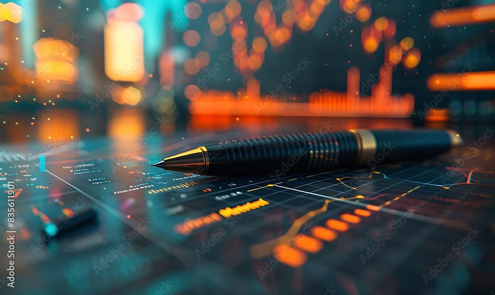 Poster Pen on a document with charts and graphs, with financial data on a blurred screen in the background, symbolizing market analysis