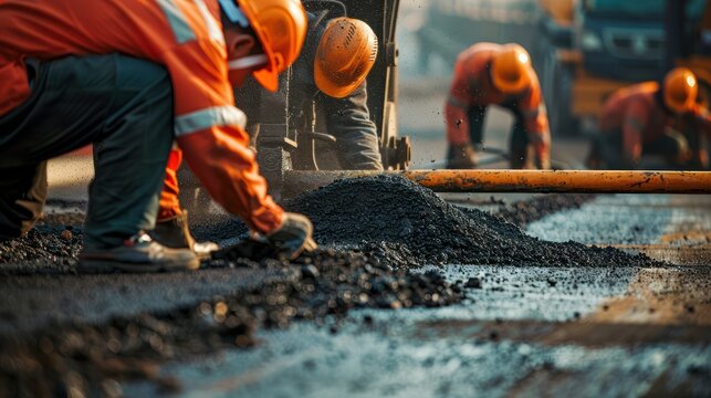 Asphalt road repair work by workers in orange uniforms