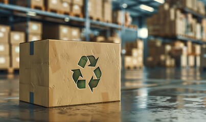 Highlighting eco-friendly packaging in a high-tech warehouse with a cardboard box displaying a recycling logo, promoting sustainable logistics