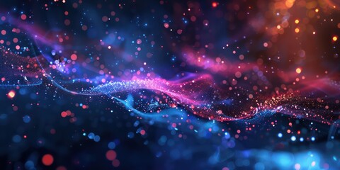 Fototapeta premium Abstract digital flow particles with a neon glow, illuminating the darkness and adding visual interest to the composition. 