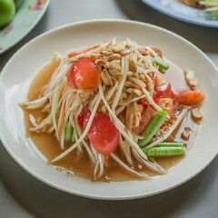 Thai green papaya salad or Som Tam with shrimps, green beans, tomatoes, peanuts on a white plate. Thai street food style, graphic illustration image generative ai