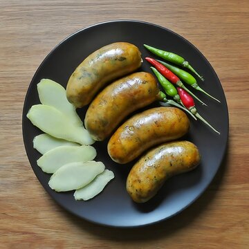 Top view of Northern Thai sausages served with sliced ginger and chili place on a black plate, Thai northern food style, graphic illustration image generative ai