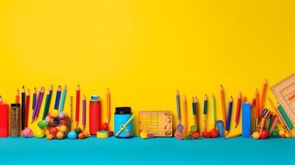 School supplies on yellow background. Back to school concept. 