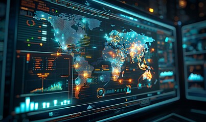 Obraz premium Digital screen showing a global trade map with vibrant key contract clauses and interactive charts, ideal for trade analysis