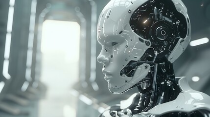 Fototapeta premium AI and Robot - Sleek humanoid robot in a futuristic environment with soft lighting