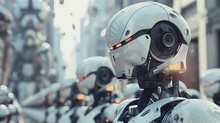 AI and Robot - A row of white futuristic robots with glowing eyes, standing in an organized formation