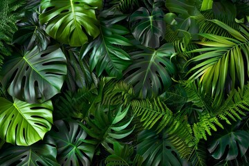 Lush green jungle with diverse leaves and plants. Tropical forest concept