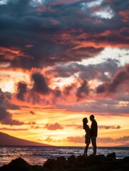 Obraz premium A couple sharing a romantic moment after getting engaged, framed by a stunning sunset. stock photo 