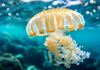 Naklejka premium Beautiful jellyfish swimming in the ocean. underwater marine life, marine life, underwater beauty, jellyfish closeup, underwater ecosystem, jellyfish elegance, underwater nature, sea life photography