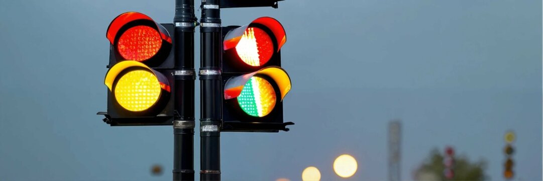 Trio of vertical traffic lights displaying red