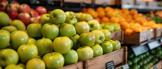 green apples pile on a market stand, realistic and shinny
