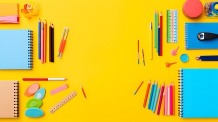 School supplies on yellow background. Back to school concept. 