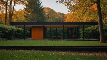 a view of a house in a calm forest