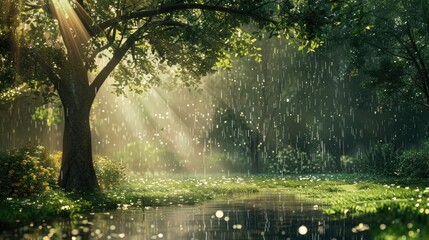 Fototapeta premium Nature adorned with sunlight trees grass and rain