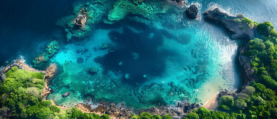 8k, Top view widescreen of Seascape The wonders of the Galapagos ecosystem, A tropical underwater scene with fish, coral reefs, and a diver in the blue ocean