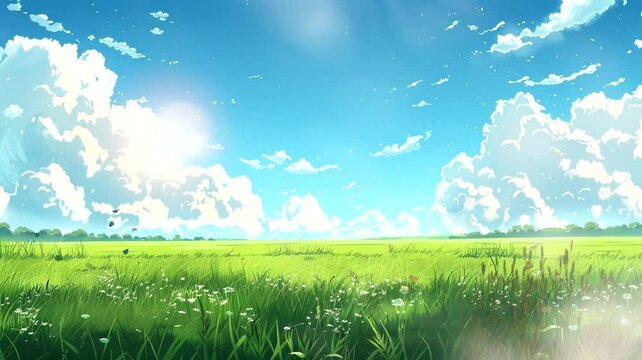 landscape with grass and sky. Cartoon or anime style. seamless looping 4K time-lapse virtual video animation background