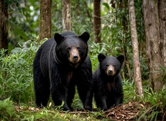 Obraz premium Black bear mother and bear cub in a big forest