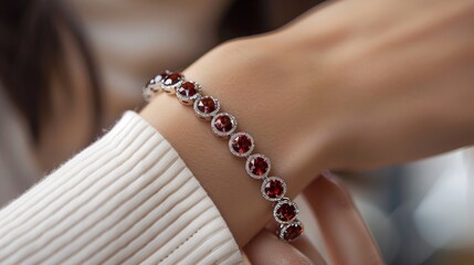 Woman's hand with a garnet bracelet, detailed shot highlighting the beauty and luxury of the garnet stones