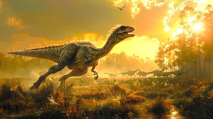 Gigantoraptor running through grassy plain with a herd of other dinosaurs in the background