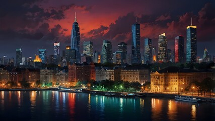 The essence of a bustling cityscape at twilight with vibrant hues ai_generated