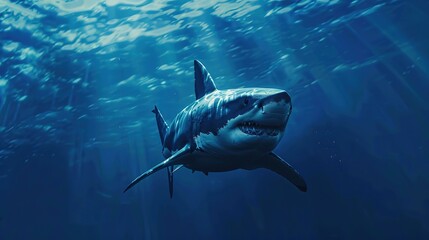 Fototapeta premium Glorious great white shark swimming in the deep blue ocean