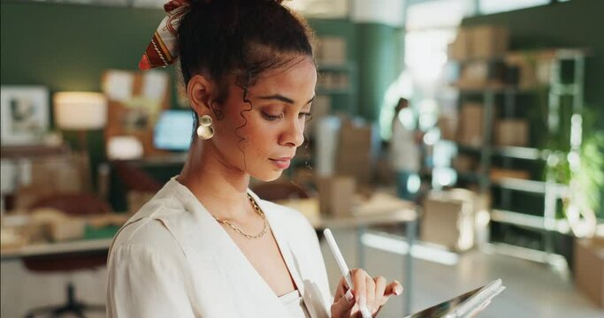 Business, thinking or woman with graphics tablet in office for design, creative or app development solution. Idea, planning or front end developer with digital stylus for ecommerce website editing