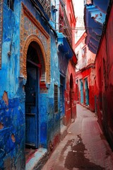Fototapeta premium Stunning alley in the medina with contrasting blue and red walls, intricate patterns, and a mystical atmosphere