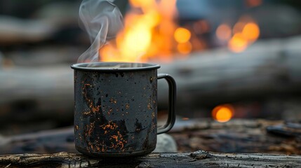 Steaming coffee in a rugged metal cup, close-up, with a lively campfire in the background, capturing the essence of outdoor adventure