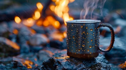 Steaming coffee in a rugged metal cup, close-up, with a lively campfire in the background, capturing the essence of outdoor adventure