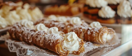 cannoli with white cream, elegant gourmet pastry in a nice setting and natural light on a blurred background
