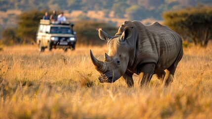 Rhino roaming freely in the savanna, with picturesque scenery and safari tour vehicles capturing the moment