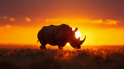 Fototapeta premium Powerful rhino silhouette against a vibrant savanna sunset, safari tour group watching in awe